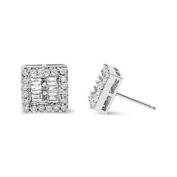 14K White Gold 1.0ctw Round and Baguette Diamond Stud Earrings