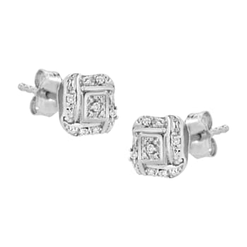Sterling Silver Round Cut Diamond Square Stud Earrings .04ctw