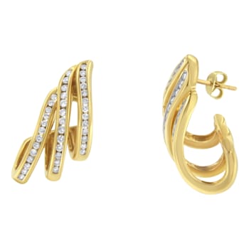 10K Yellow Gold 1.0ctw Round Diamond Spiral Multi Row Channel Set Hoop Earrings