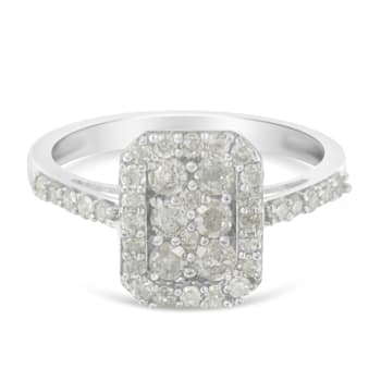 Sterling Silver 1.0ctw Diamond Emerald-Shaped Cluster with Halo Ring
(I-J Color, I3 Clarity)