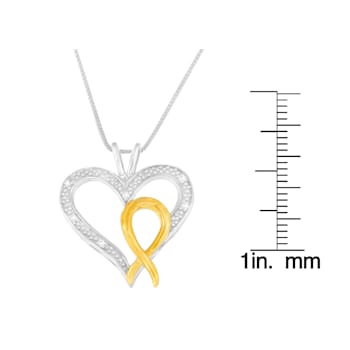 10K Gold Over Sterling Silver Two Toned 1/25ctw Diamond Heart-Ribbon
Pendant With Chain