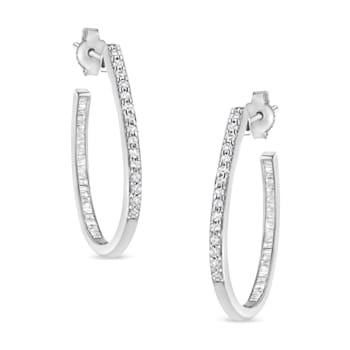 Sterling Silver 1/2ctw Round and Baguette-Cut Diamond Inside-Outside
Hoop Earrings