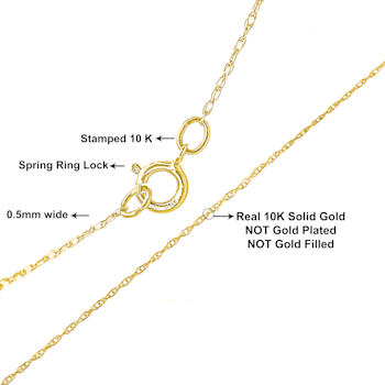 Solid 10K Gold 0.5mm Rope Chain Unisex Necklace - Size 16"