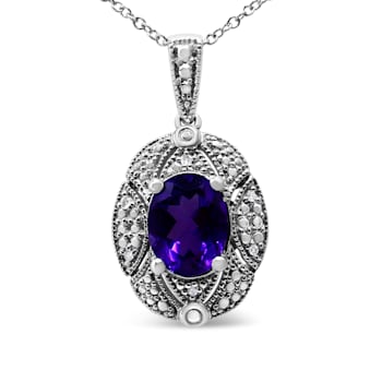 Sterling Silver Diamond Accent and 9x7mm Oval Amethyst Pendant w\chain 18"