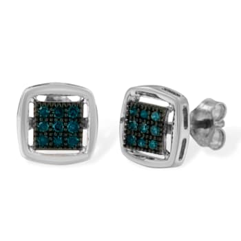 Sterling Silver Rose Cut Treated Blue Diamond Square Stud Earring .25ctw