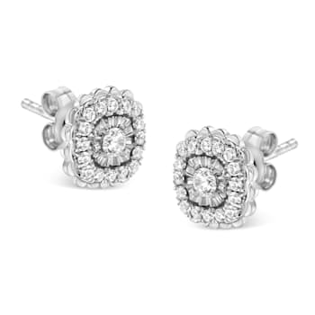 Sterling Silver 1/2ctw Round-Cut Diamond Halo Cluster Stud Earring