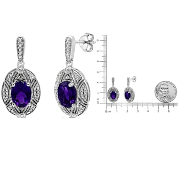 Sterling Silver Diamond Accent and 8x6mm Purple Oval Amethyst Stud Earrings