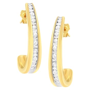 10K Yellow Gold 1.0ctw Channel Set Diamond J-Hoop Earrings