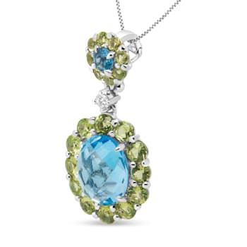 18k White Gold 0.05ctw Round Diamond, Blue Topaz and Peridot Pendant w\chain