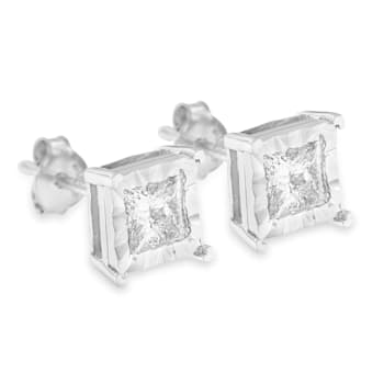 Sterling Silver 1 1/4ctw Miracle Set Princess-cut Diamond Solitaire Stud Earrings