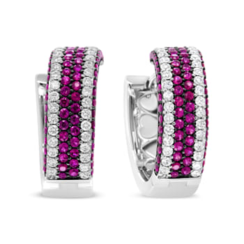 18K White Gold 1 7/8 Cttw Diamond and 1mm Round Red Ruby Open Swish Hoop Earrings