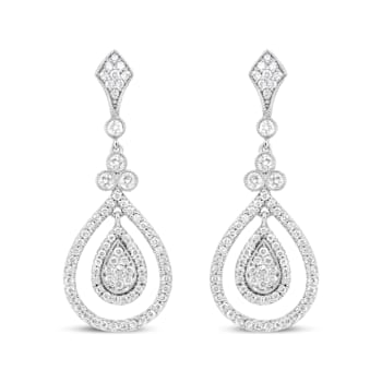 18K White Gold 1 1/4 Cttw Round Diamond Openwork Teardrop-Shaped Dangle Earrings