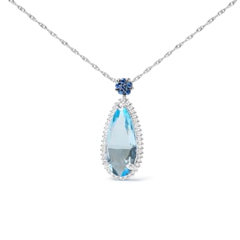 18K White Gold Pear Blue Topaz and Blue Sapphire and Diamond Drop
Pendant with Flower Design