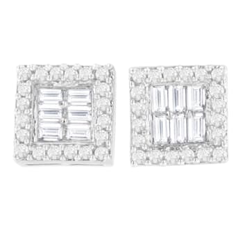 14K White Gold 1.0ctw Round and Baguette Diamond Stud Earrings