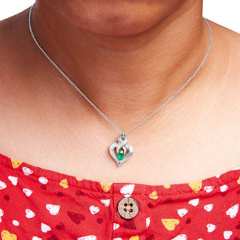 Sterling Silver Pear Emerald and Diamond Accent Heart Pendant Chain- 18 Inches