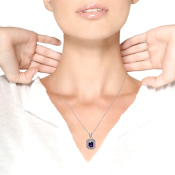 .925 Sterling Silver 8x6mm Gemstone and Diamond Accent Art Deco Style
18" Pendant Necklace