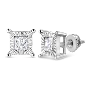 Sterling Silver 1.0ctw Miracle Set Princess-cut Diamond Solitaire Stud Earrings