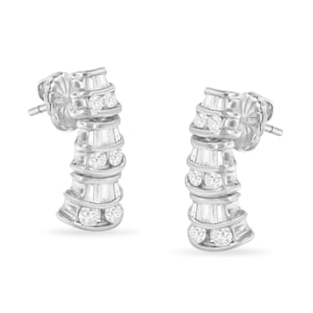 14K White Gold 7/8ctw Round and Baguette-cut Diamond Earrings
