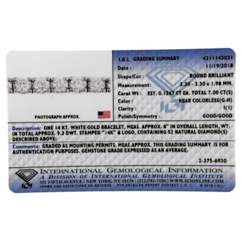 IGI Certified 7.0 Cttw Diamond 14K White Gold Classic 7” Tennis Bracelet
(H-I Color, I1-I2 Clarity)