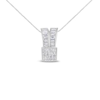 14K White Gold 1 5/8ctw Princess and Baguette Cut Diamond Heart Ribbon
Pendant w\chain(G-H, VS1-VS2)