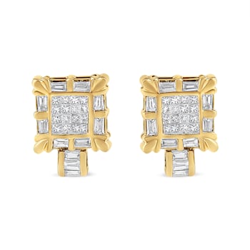 14K Yellow Gold 7/8ctw Princess and Baguette-Cut Diamond Square Framed
Huggie Hoop Omega Earrings