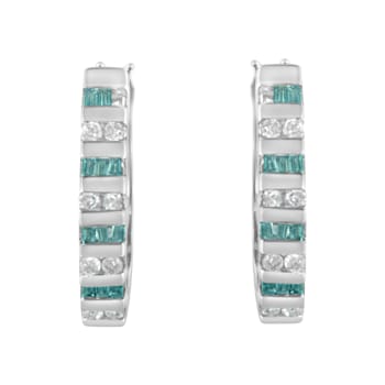 10k White Gold Round and Blue Baguette Diamond Hoop Earrings 0.50ctw