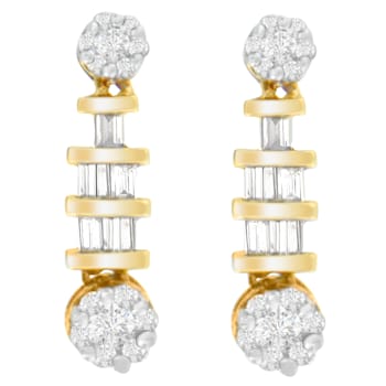 14K Yellow Gold 3/4ctw Round and Baguette-cut Diamond Earrings