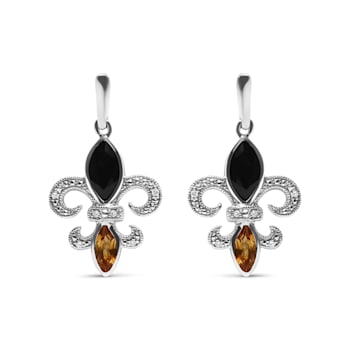 Sterling Silver Marquise Cut Onyx and Citrine with Diamond Accent Fleur
De Lis Drop Stud Earrings
