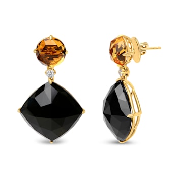 18K Yellow Gold Round Citrine and Cushion Cut Onyx Gemstone with Diamond
Accent Dangle Earrings