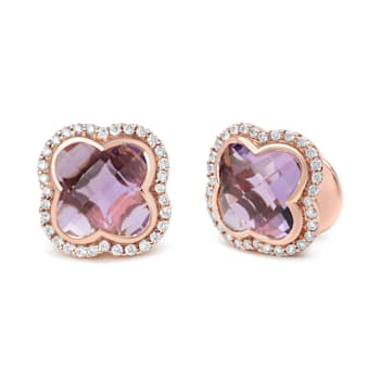 18K Rose Gold Clover Cut Amethyst Gemstone with Round Diamonds Halo Stud Earrings