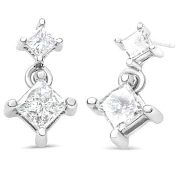 14K White Gold 1.0ctw Princess-Cut Double Diamond Drop Stud Earrings