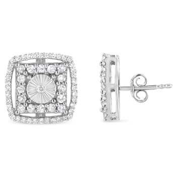 Sterling Silver 1.0ctw Round Diamond Double Halo and Disc Stud Earring