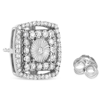Sterling Silver 1.0ctw Round Diamond Double Halo and Disc Stud Earring