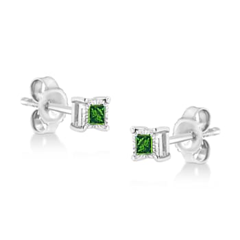 Sterling Silver 1/10ctw Miracle Set Princess-Cut Treated Green Diamond
Stud Earrings