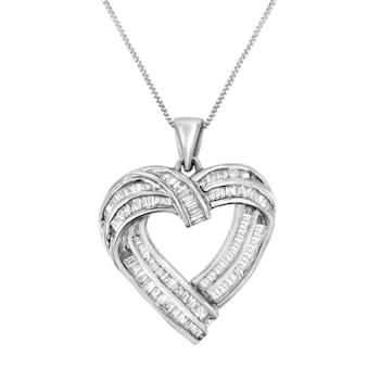 Sterling Silver 7/8ctw Baguette Diamond Heart Pendant Necklace (I-J, I2-I3)