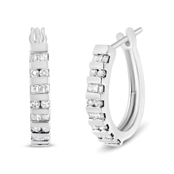 10K White Gold 1.0ctw Round and Baguette-Cut Diamond Hoop Earrings