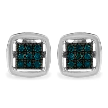 Sterling Silver Rose Cut Treated Blue Diamond Square Stud Earring .25ctw
