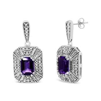 Sterling Silver Diamond Accent and 7x5mm Purple Amethyst Stud Earrings