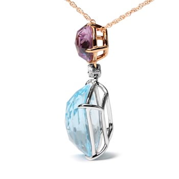 18K Two-tone Gold Cushion Cut Blue Topaz and Round Pink Amethyst with
Diamond Accent Dangle Pendant