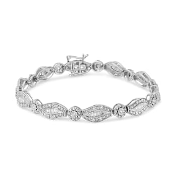 Sterling Silver 1.0ctw Diamond Double Leaf and Bezel Link Bracelet