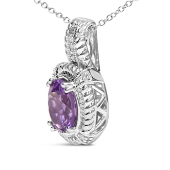 Sterling Silver Oval Amethyst and Round Diamond Accent Fashion Drop
Pendant 18 Inch Chain
