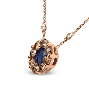18K Rose Gold Oval Blue Sapphire and Brown Diamonds with White Diamond
Accent Halo Cluster Necklace