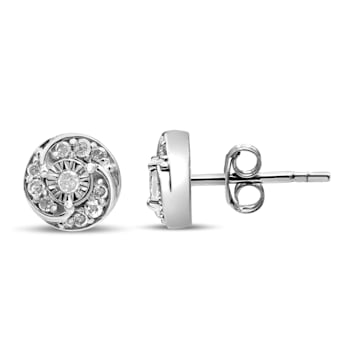 Sterling Silver 1/4ctw Round Diamond Spiral Halo Cluster Stud Earrings