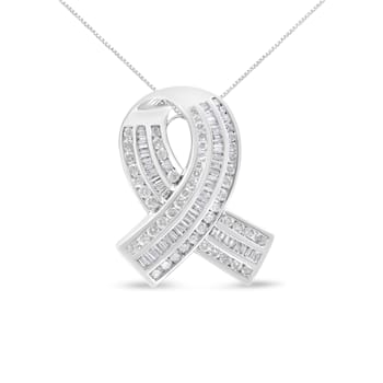 2.625ctw Round and Baguette Channel-Set Diamond Awareness Ribbon 14K
White Gold Pendant