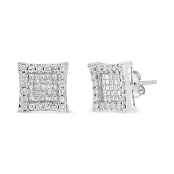 14K White Gold 1.0ctw Princess And Round-Cut Diamond Square Stud Earrings