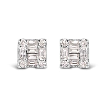 10K White Gold 1/7 Cttw Round and Baguette Diamond Mosaic Square Stud Earrings