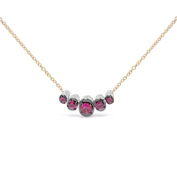 18K Rose Gold Multi-Size Round Ruby and Pave Round Diamonds Curved Bar Necklace