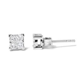 .925 Sterling Silver 1/4 Cttw Invisible Set Princess Diamond Composite
Quad Stud Earrings
