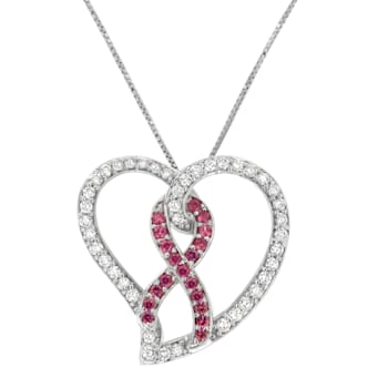 14K White Gold Diamond and Lab Created Pink Sapphire Awareness Ribbon
& Open Heart Pendant w\chain