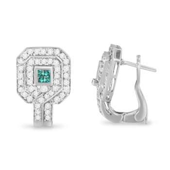 14K White Gold 1ctw Round and Princess-cut Treated Blue Diamond Earrings